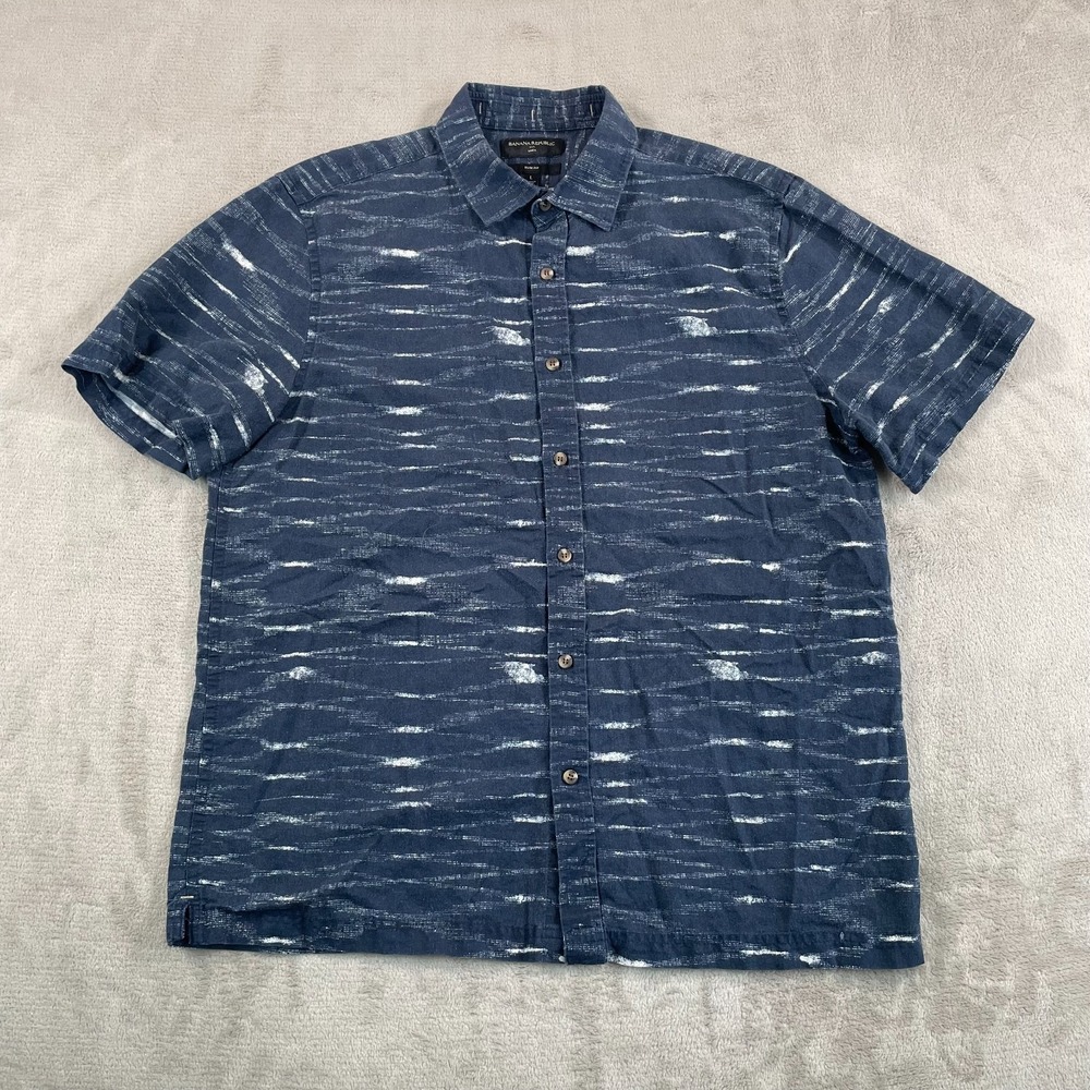 Banana Republic Slim Fit Shirt Men Large Blue Striped Linen Blend Short Sleeve